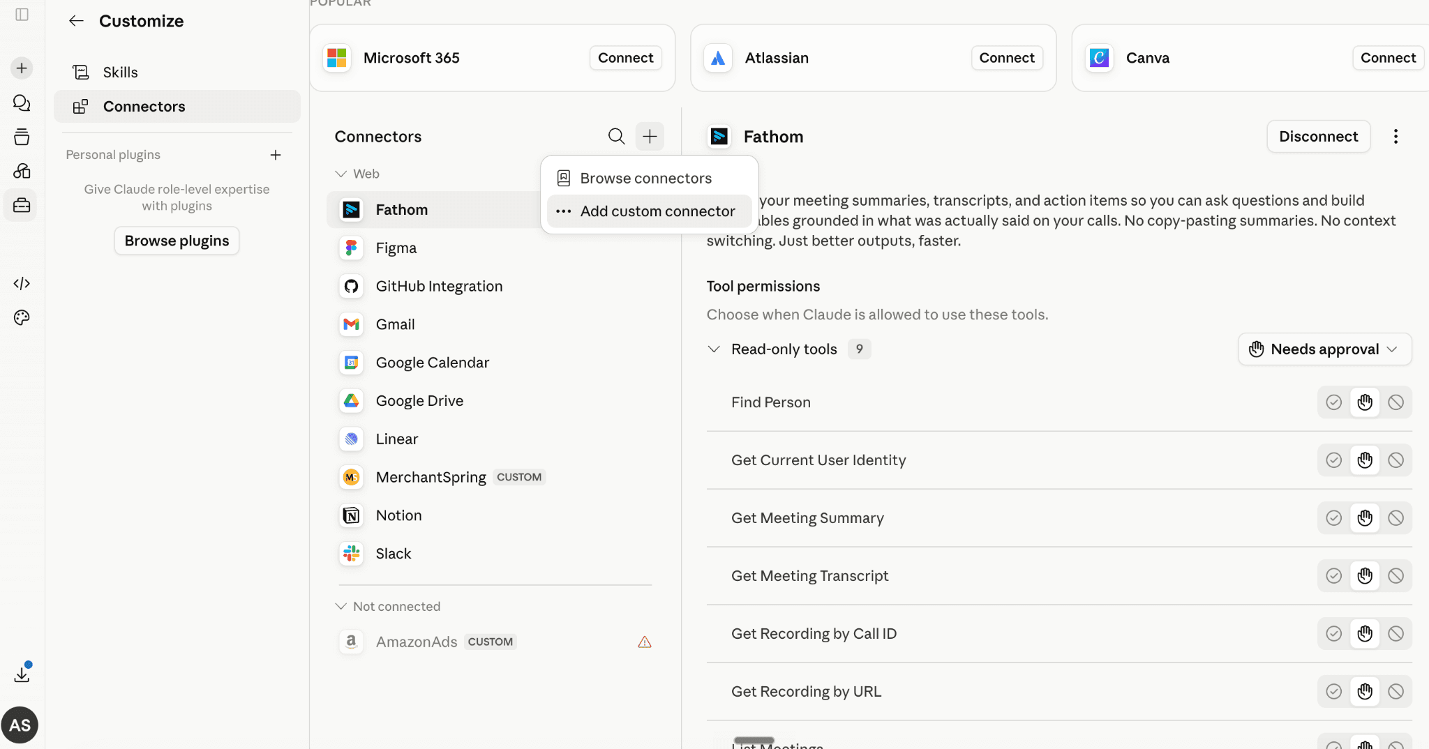 Connectors menu with Add custom connector highlighted