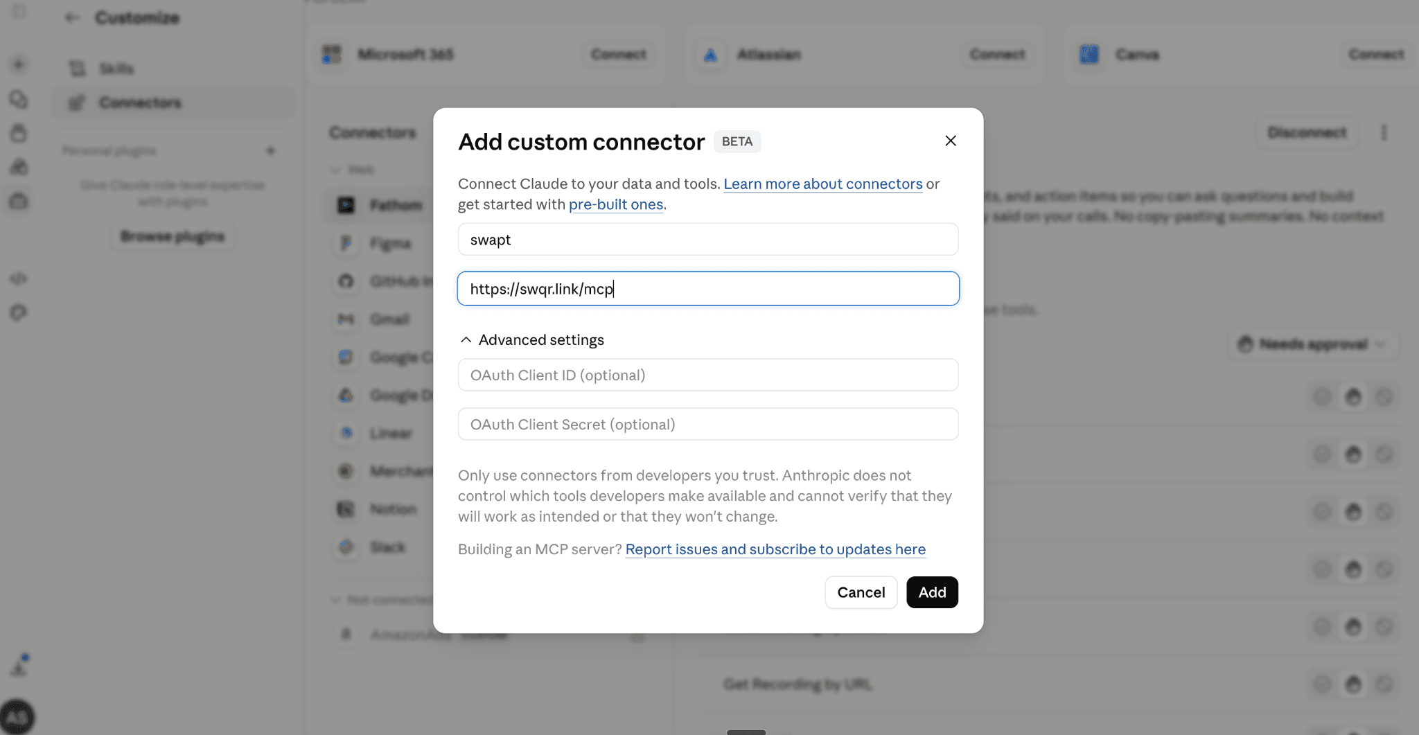 Add custom connector dialog filled in with the Swapt URL