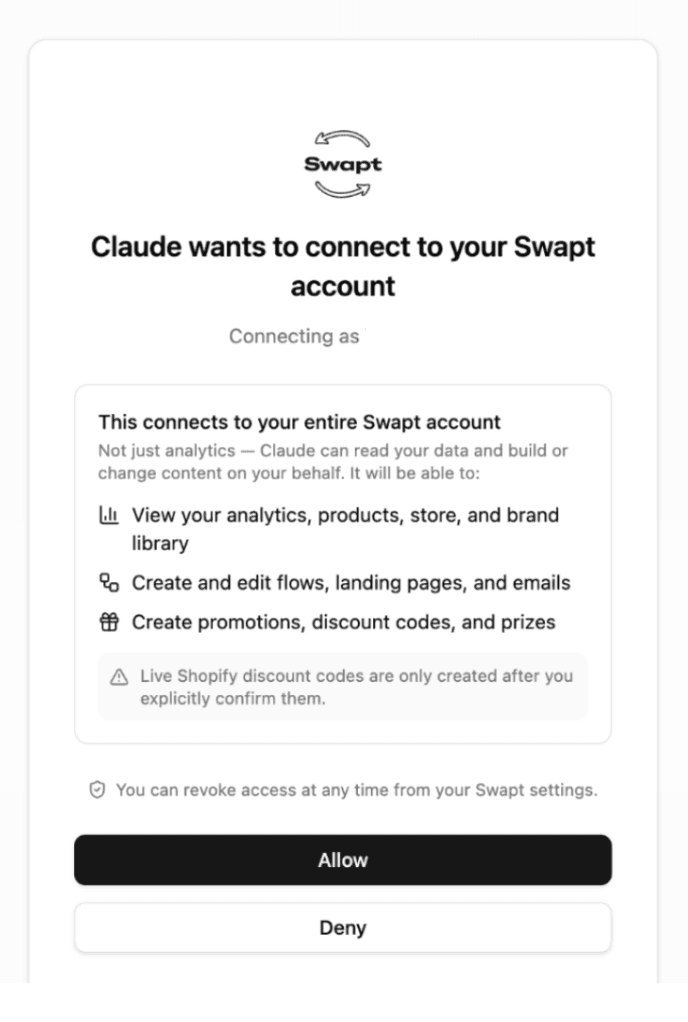 Swapt authorization screen in Claude